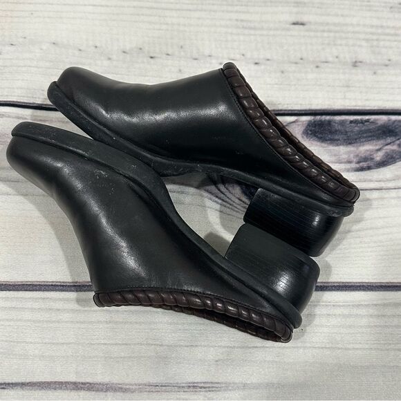 Cole Haan Womens Shoes Black Leather Mules Slides Brown Rope Edging Sz 6 - Picture 5 of 9